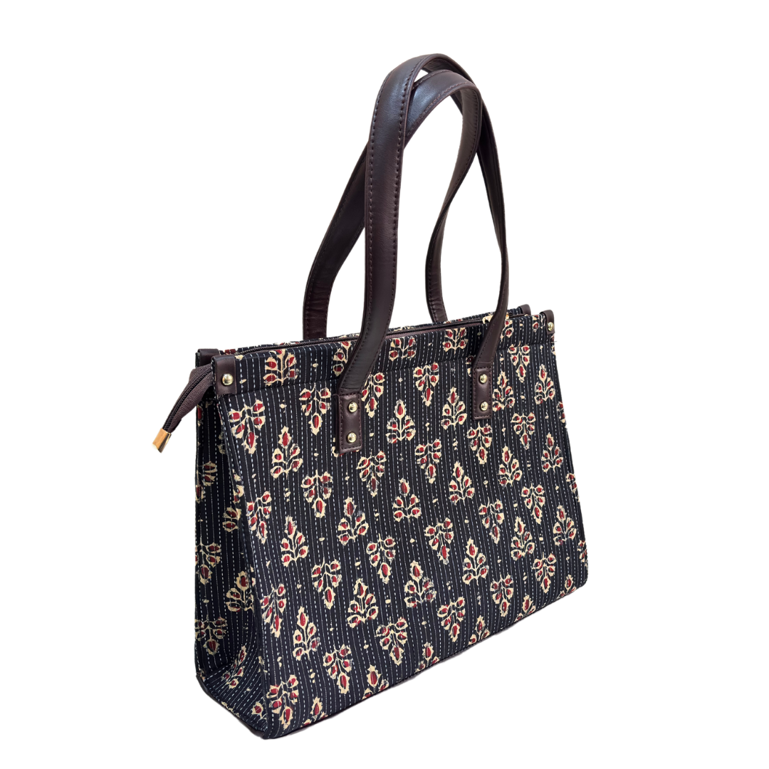 Atrangi Edition:- Handblock Printed Black Tote Bag with complimentary Pouch - The House of RajPadmini