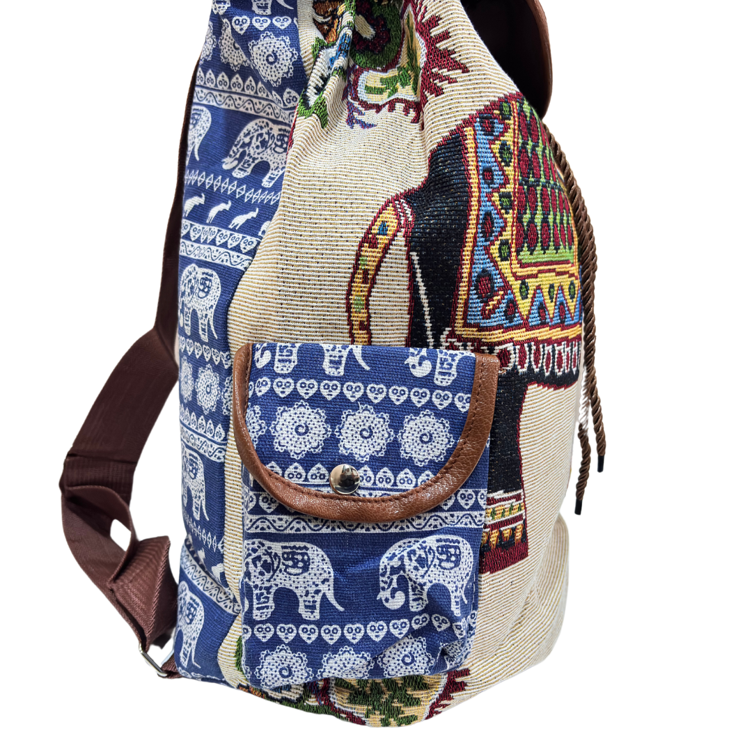Trekking Paradise Edition: Natural Hemp Elephant Print Drawstring Backpack - The House of RajPadmini