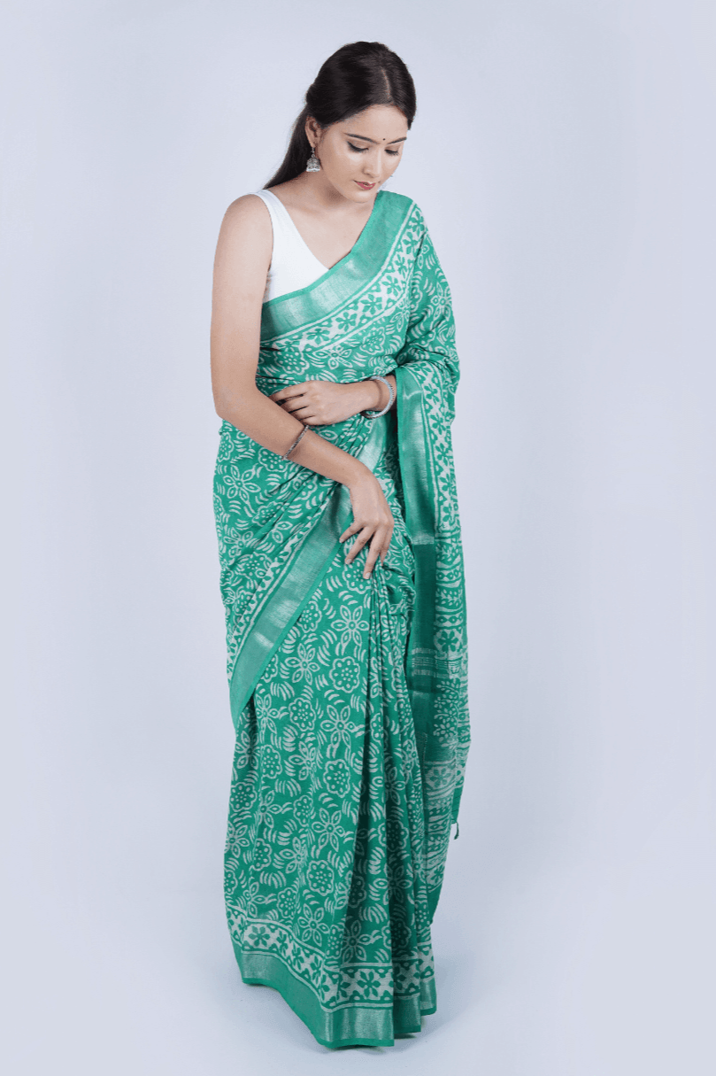 Hand Block Printed Green Cotton Linen Saree - The House of RajPadmini