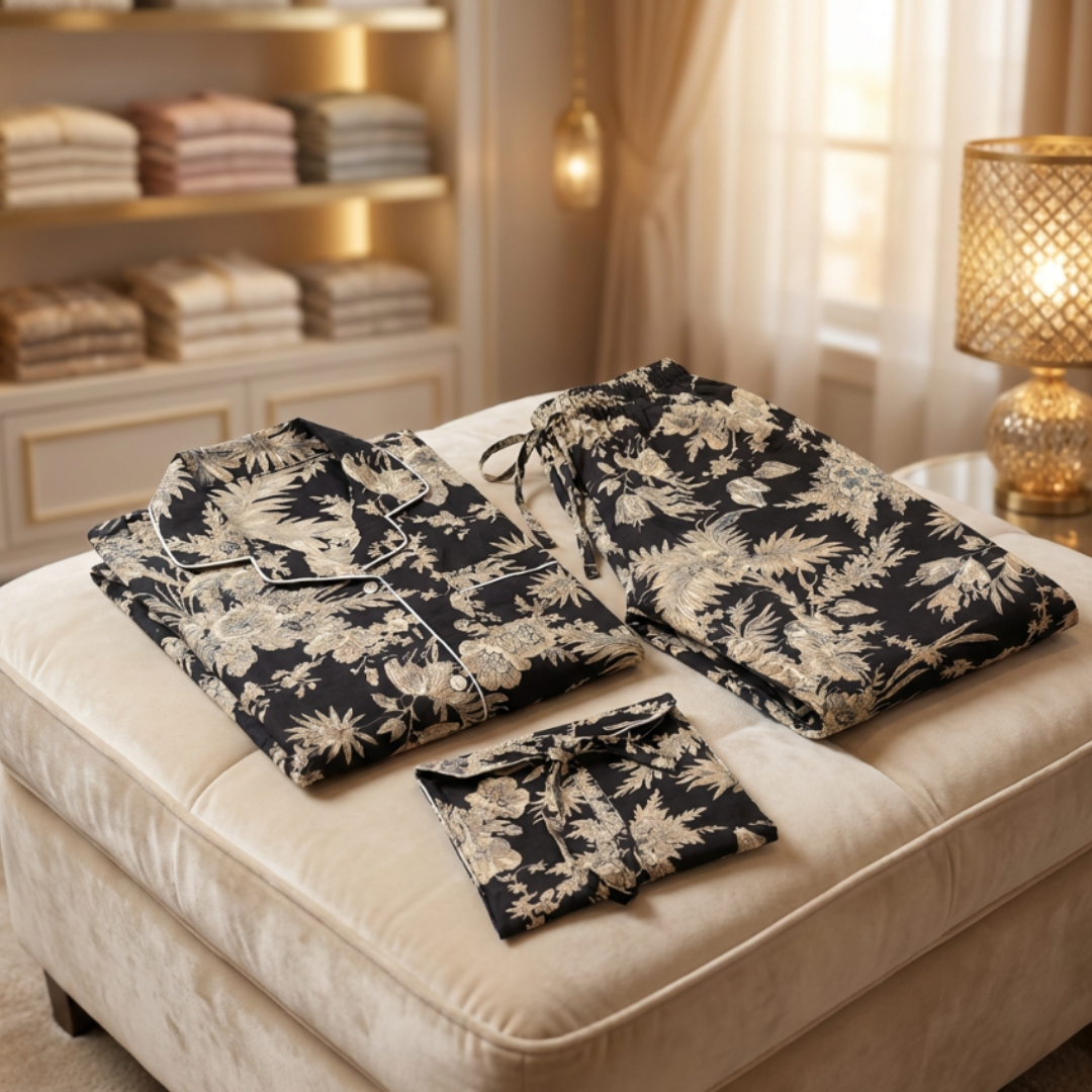 Gulmer by RajPadmini β The Night Blossom Mulmul Cotton Cord Set with matching Cover| Deep Black Nightsuit for Women | Breathable Loungewear with Collar Shirt & Pants