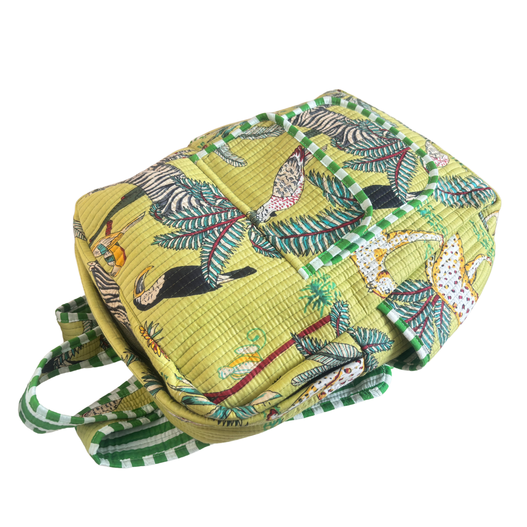 The Jungle Book Edition:- Premium Quilted Green Cotton Backpack with Animal Print Design - Stylish Eco-Friendly Bag for School, Travel, and Everyday Adventures