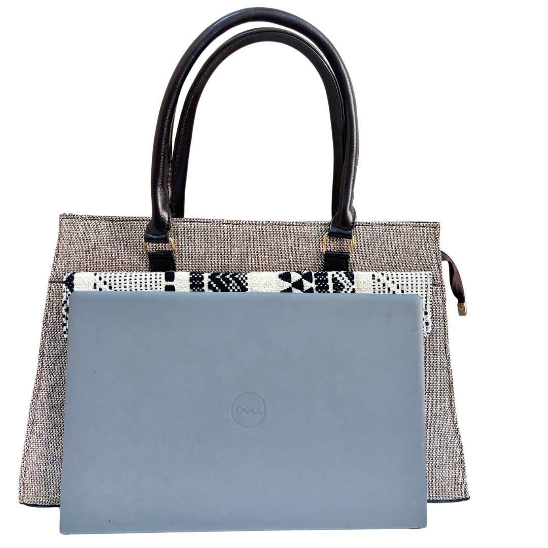 Ethnic Jute Brown Laptop Tote Bag - The House of RajPadmini