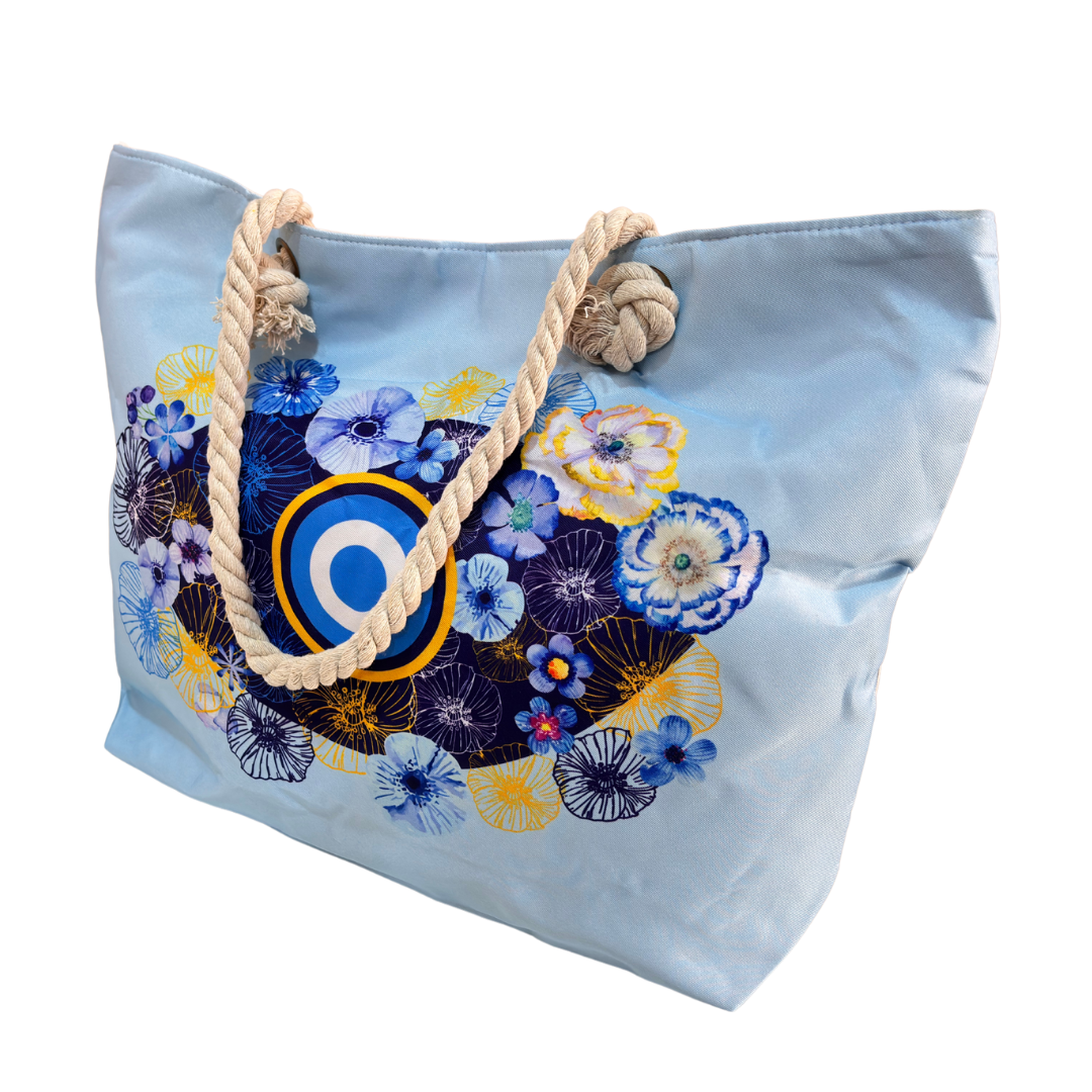 The Beach Party Edition:- Sky Blue Evil Eye Print Beach Tote Bag with complimentary Pouch