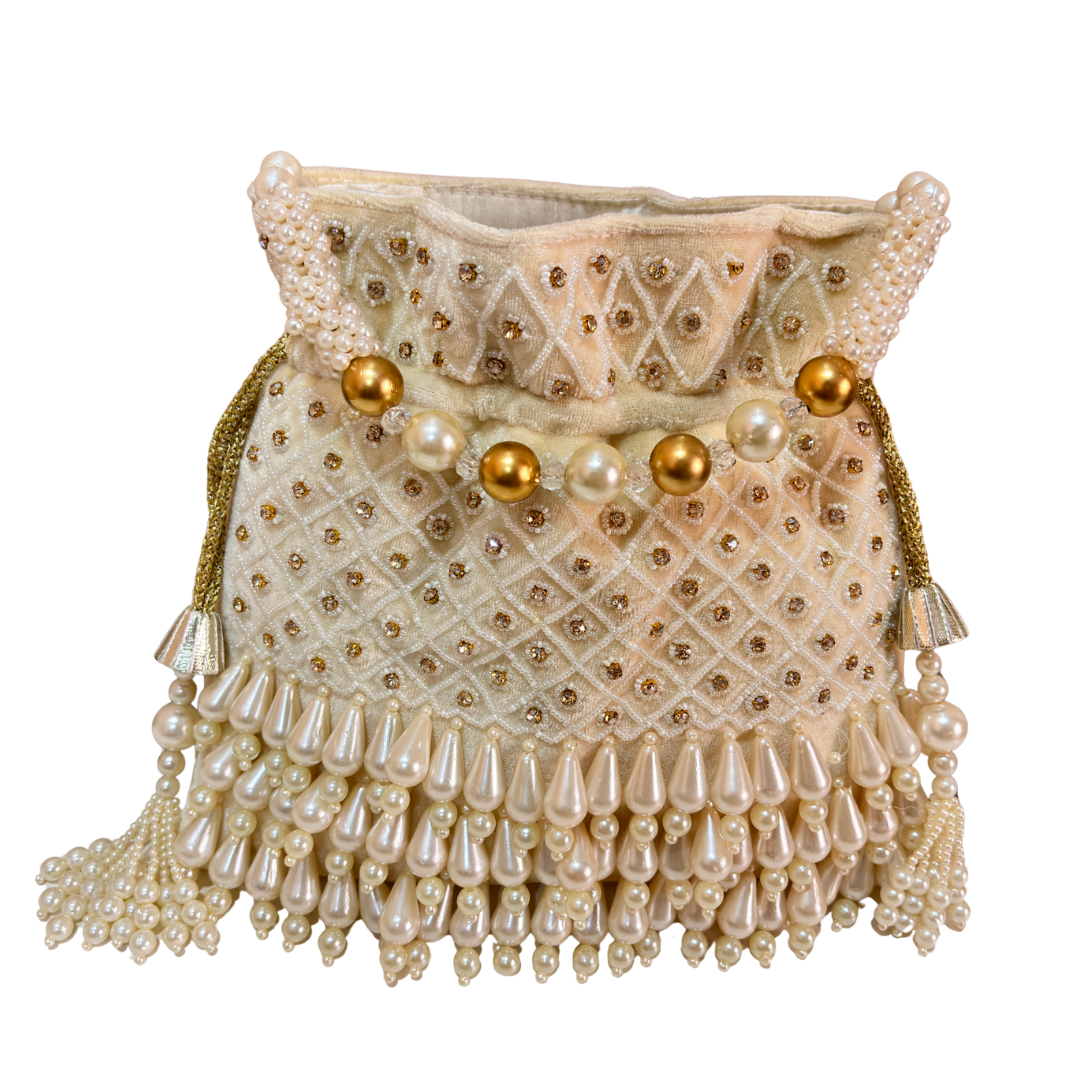 The House of RajPadmini Velvet Pearl Embroidered Potli Bag