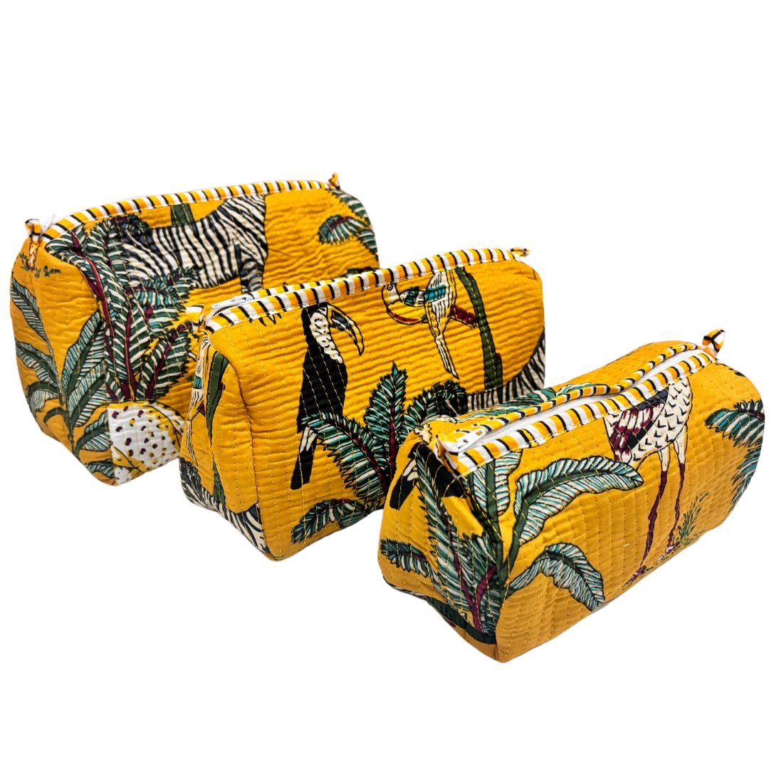 The Alfred Edition Travel Accessory:- Premium Waterproof Quilted Animal Printed Yellow Cotton Beauty/Travel Organizer Bag for Men & Women (Set of 3) - The House of RajPadmini