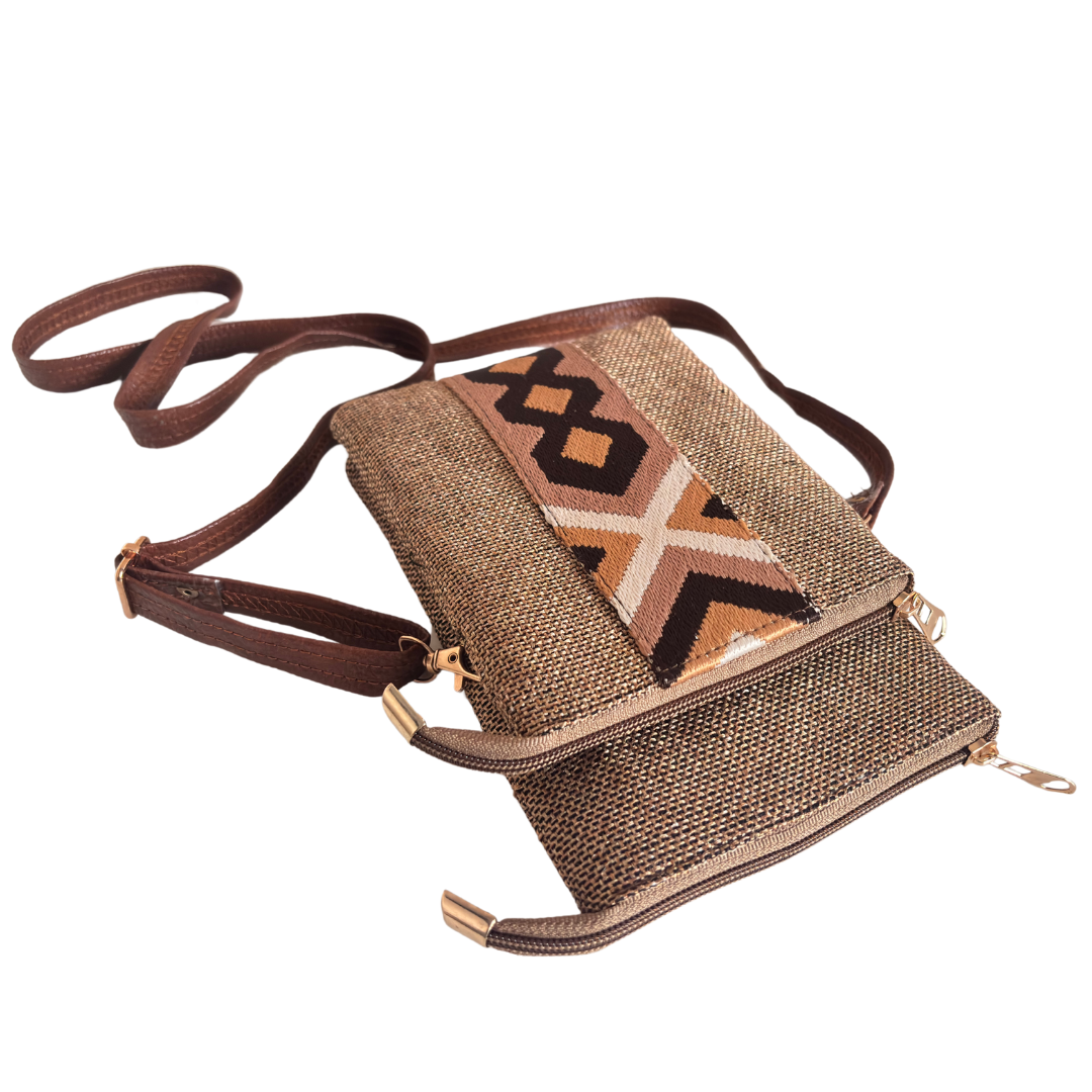 The Handcrafted Multipocket Brown Jute Crossbody Mobile Bag
