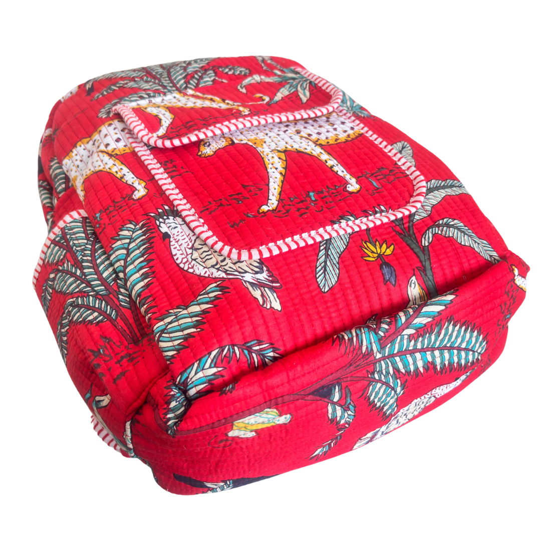 The Jungle Book Edition:- Premium Quilted Red Cotton Backpack with Animal Print Design - Stylish Eco-Friendly Bag for School, Travel, and Everyday Adventures