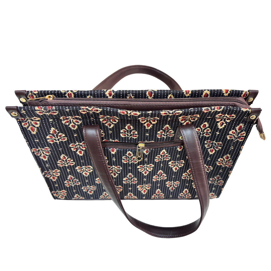 Atrangi Edition:- Handblock Printed Black Tote Bag with complimentary Pouch - The House of RajPadmini