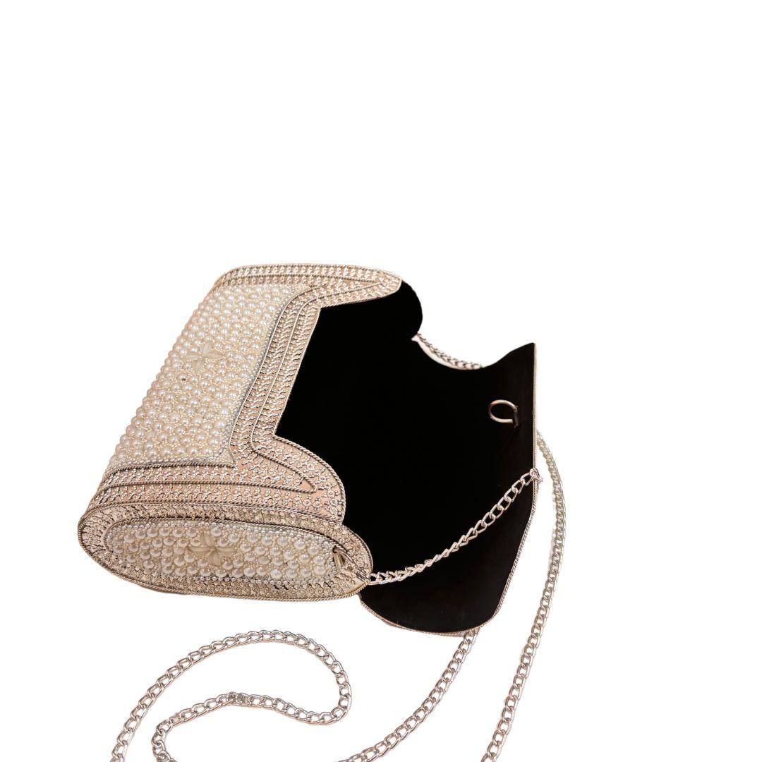 Premium Handcrafted Pearl Metal Box Clutch - The House of RajPadmini