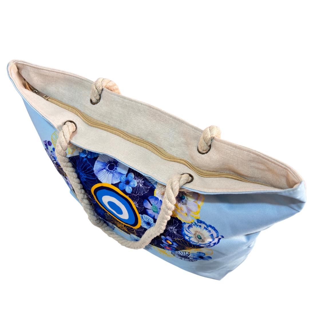 The Beach Party Edition:- Sky Blue Evil Eye Print Beach Tote Bag with complimentary Pouch