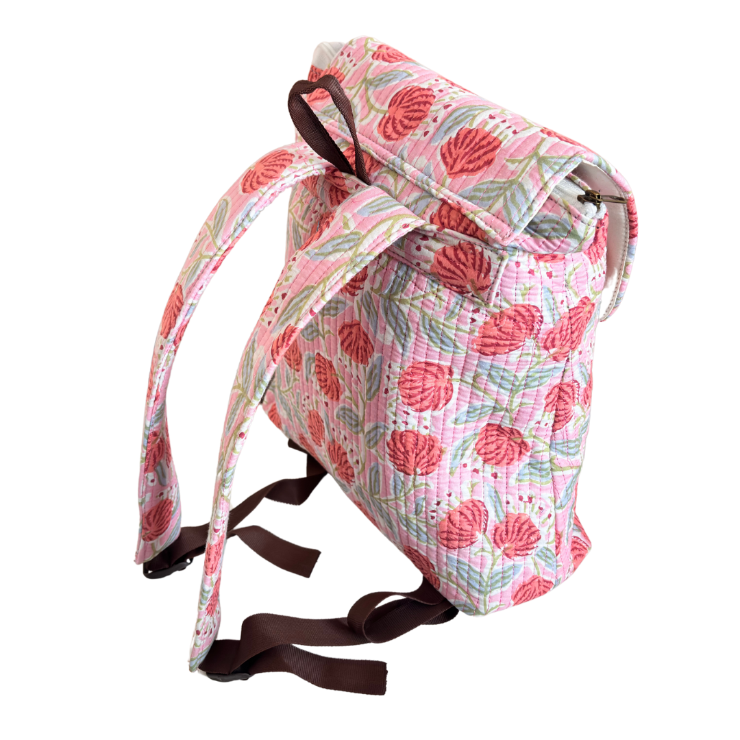 The Jungle Book Edition:- Premium Quilted Cotton Pink Backpack with Floral Print Design