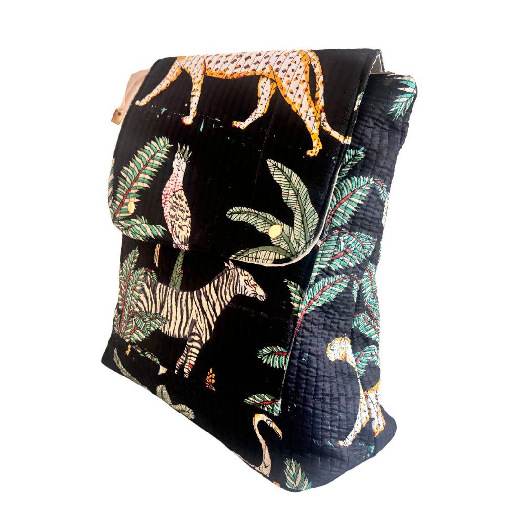 The Jungle Book Edition:- Premium Quilted Cotton Black Backpack with Ethnic Animal Print Design - The House of RajPadmini