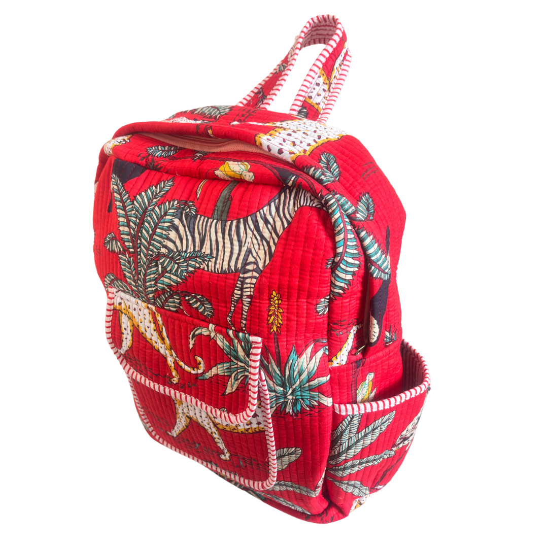 The Jungle Book Edition:- Premium Quilted Red Cotton Backpack with Animal Print Design - Stylish Eco-Friendly Bag for School, Travel, and Everyday Adventures