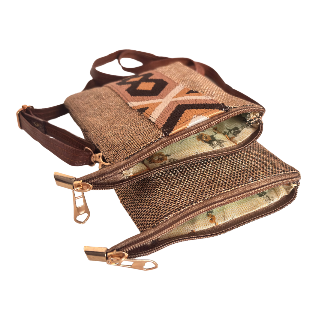The Handcrafted Multipocket Brown Jute Crossbody Mobile Bag
