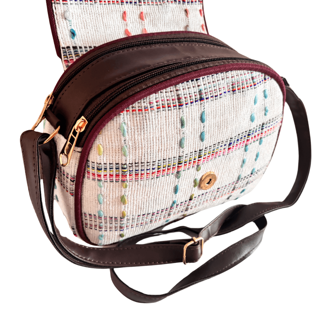The Saheli Edition:- Women's White Jute Cross Zip Sling Bag - The House of RajPadmini