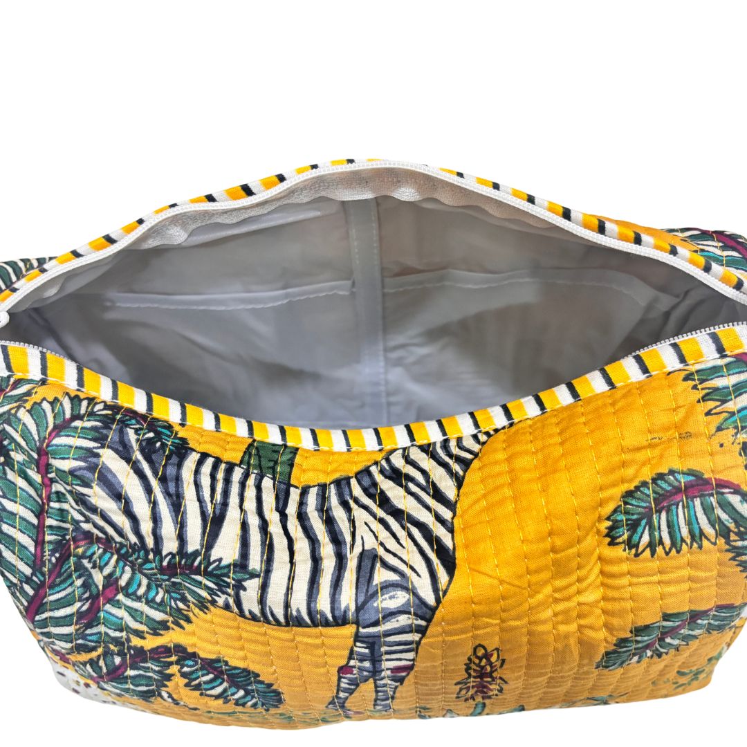 The Alfred Edition Travel Accessory:- Premium Waterproof Quilted Animal Printed Yellow Cotton Beauty/Travel Organizer Bag for Men & Women (Set of 3) - The House of RajPadmini