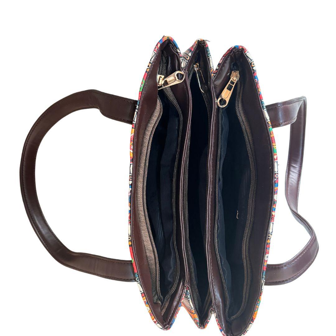 Multicolor Rajasthani Print Tote Bag with Triple Compartment - The House of RajPadmini