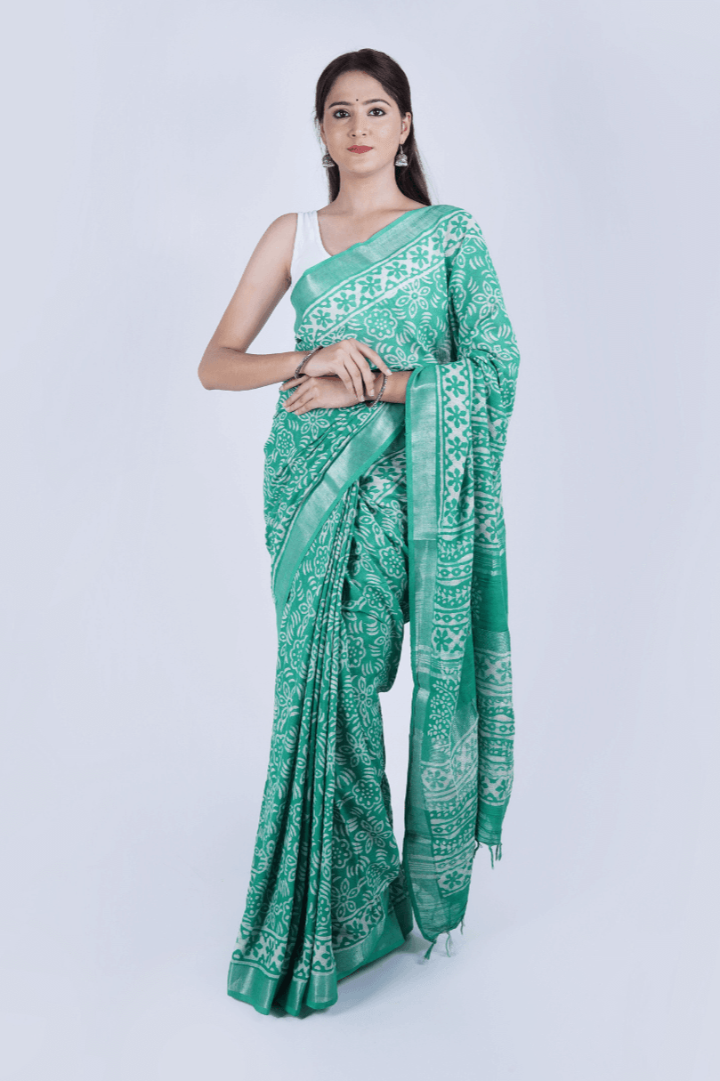 Hand Block Printed Green Cotton Linen Saree - The House of RajPadmini