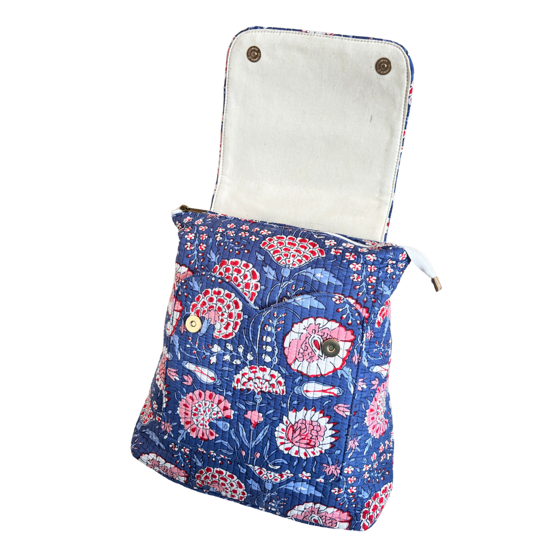 The Jungle Book Edition:- Premium Quilted Cotton Blue Backpack with Floral Print Design