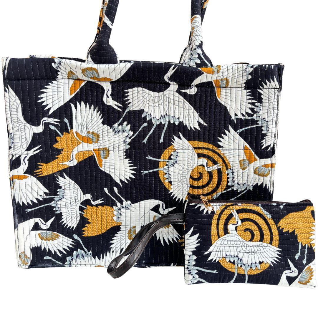 Quilted Black Laptop Tote Bag with Complementary Pouch - The House of RajPadmini