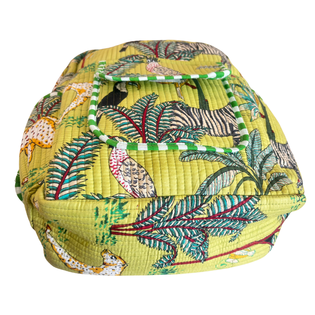 The Jungle Book Edition:- Premium Quilted Green Cotton Backpack with Animal Print Design - Stylish Eco-Friendly Bag for School, Travel, and Everyday Adventures