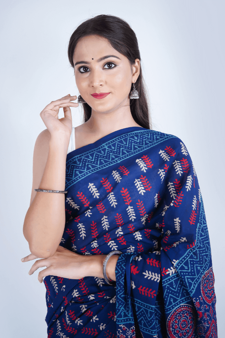 Hand Block Printed Blue Pure Mulmul Cotton Saree - The House of RajPadmini