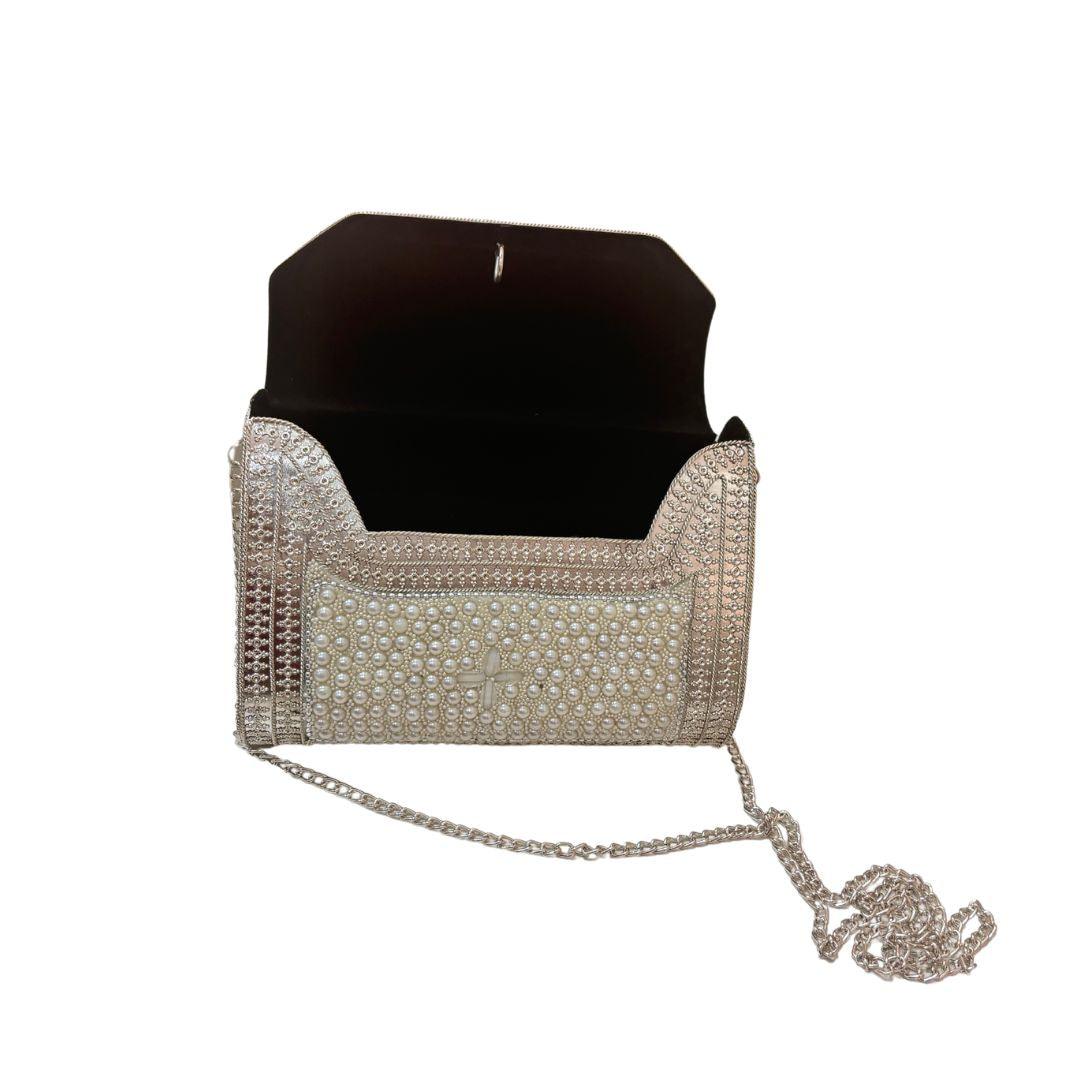 Premium Handcrafted Pearl Metal Box Clutch - The House of RajPadmini