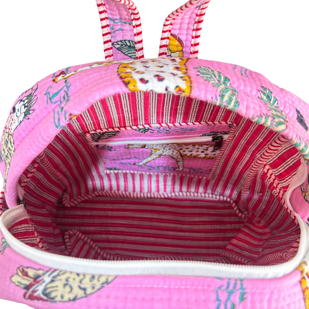 The Jungle Book Edition:- Premium Quilted Pink Cotton Backpack with Animal Print Design - Stylish Eco-Friendly Bag for School, Travel, and Everyday Adventures