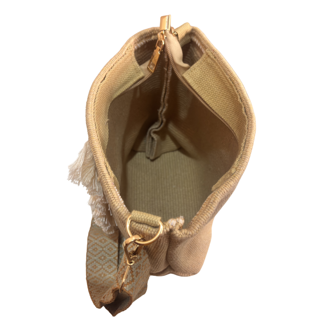 Handwork Bohemian Sling Bag | Canvas Fabric | Beaded Embellishment with Fringe | 21.5x27.9 cm