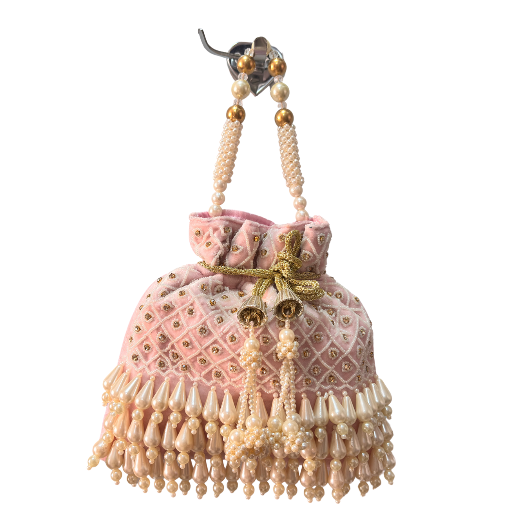 The House of RajPadmini Velvet Pearl Embroidered Potli Bag