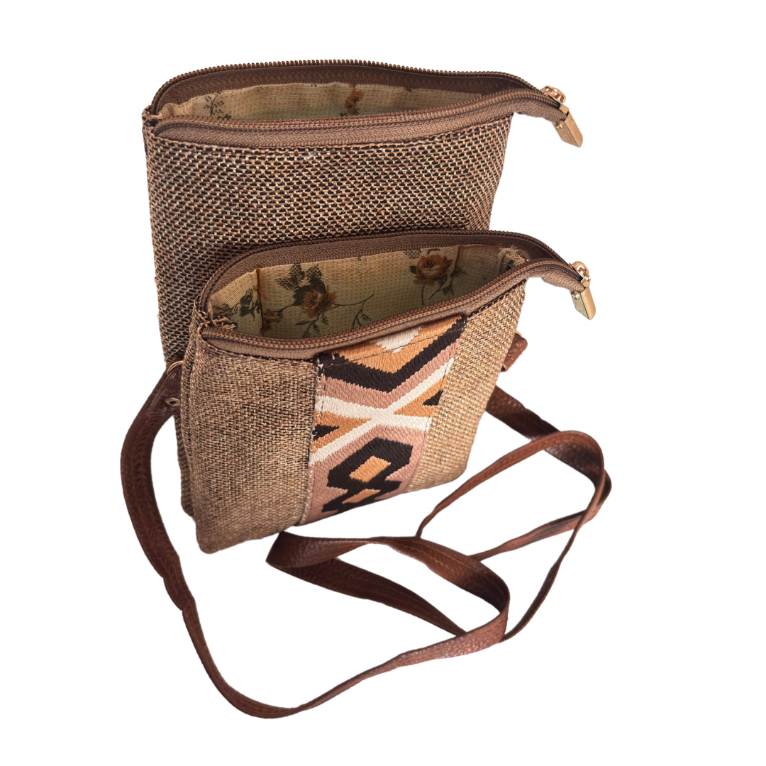 The Handcrafted Multipocket Brown Jute Crossbody Mobile Bag
