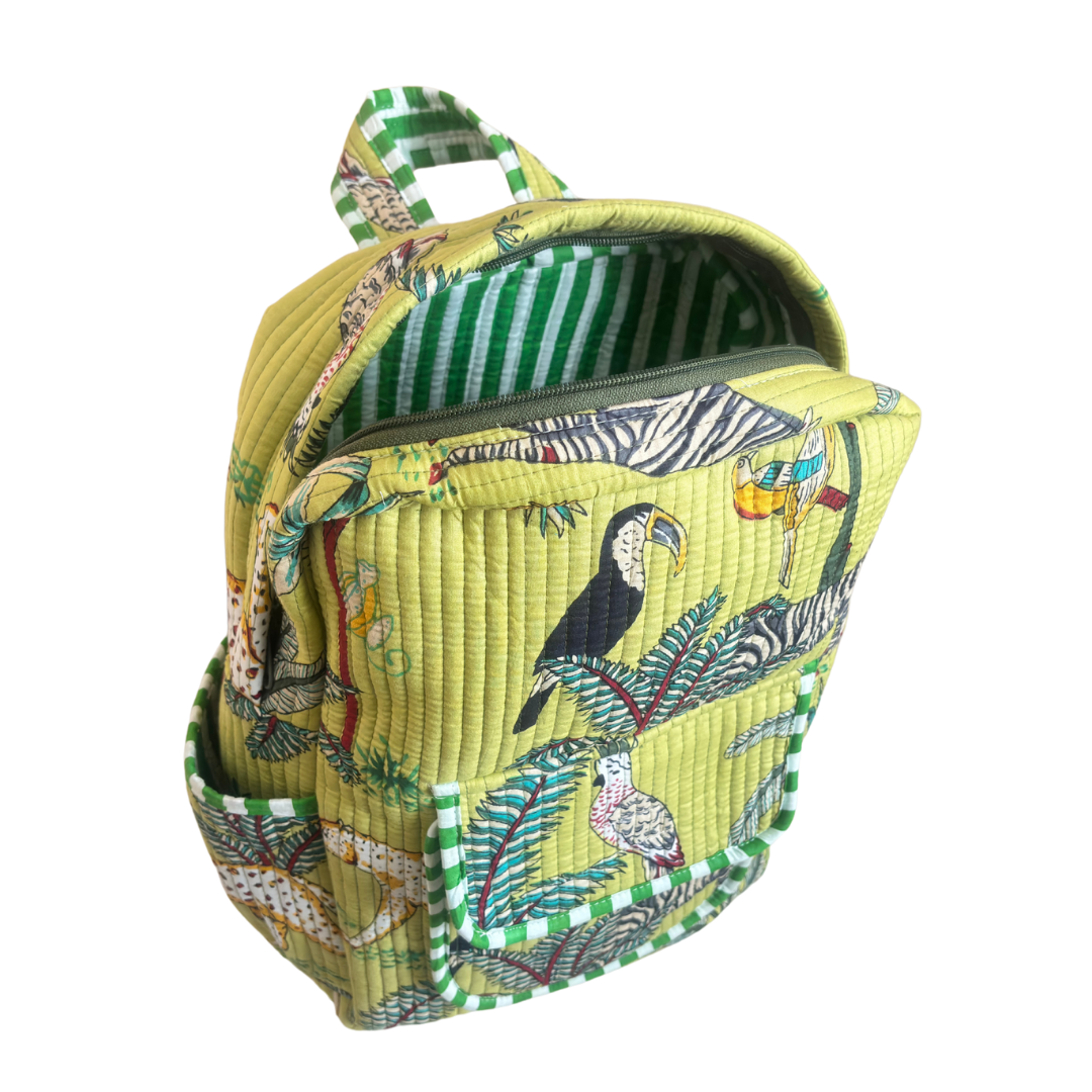 The Jungle Book Edition:- Premium Quilted Green Cotton Backpack with Animal Print Design - Stylish Eco-Friendly Bag for School, Travel, and Everyday Adventures