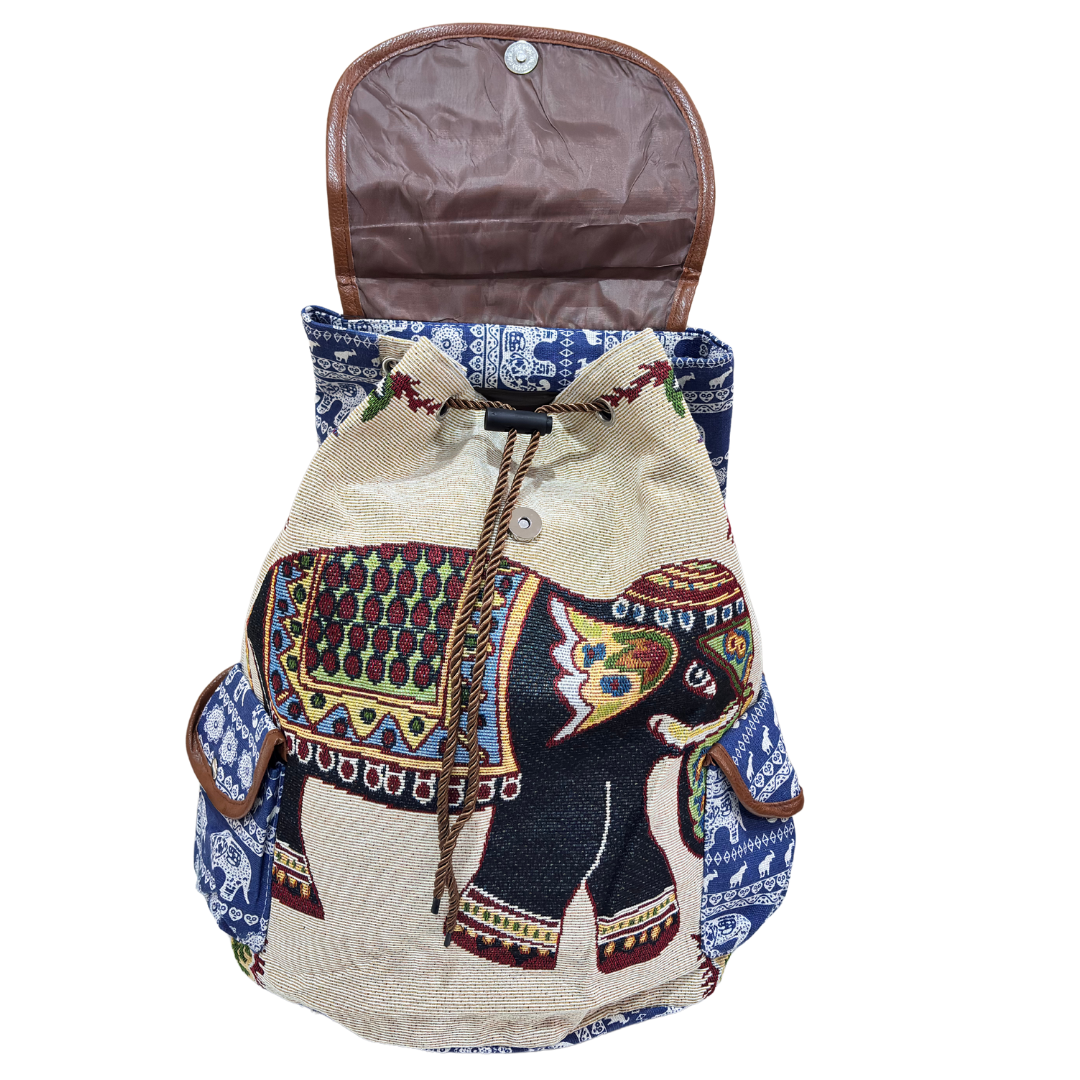 Trekking Paradise Edition: Natural Hemp Elephant Print Drawstring Backpack - The House of RajPadmini
