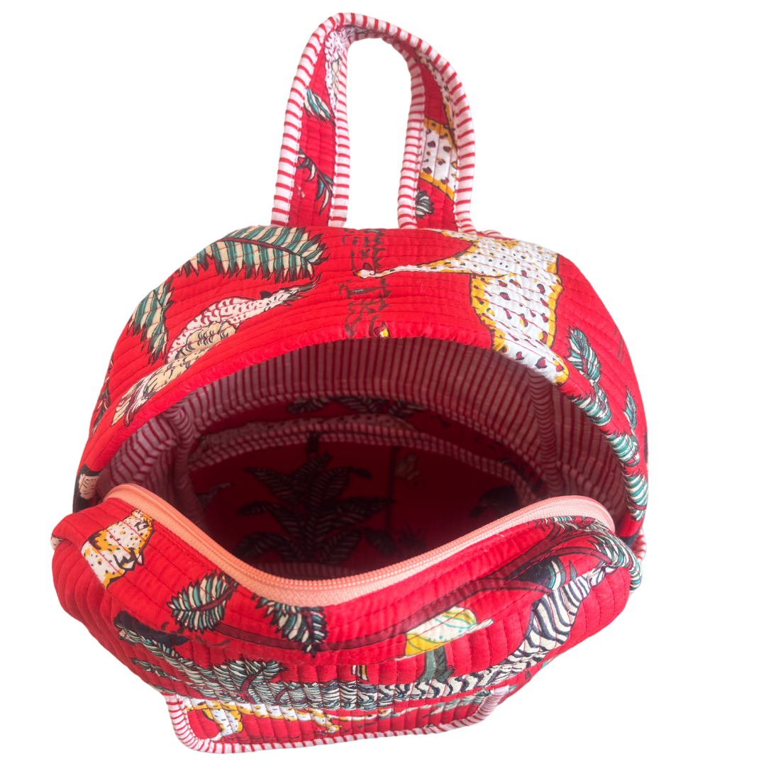 The Jungle Book Edition:- Premium Quilted Red Cotton Backpack with Animal Print Design - Stylish Eco-Friendly Bag for School, Travel, and Everyday Adventures