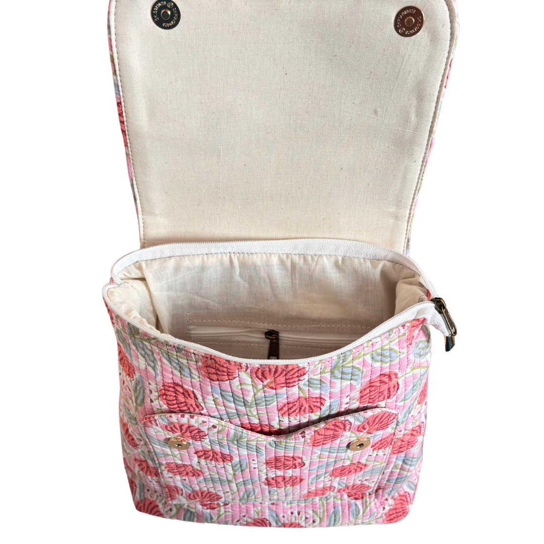 The Jungle Book Edition:- Premium Quilted Cotton Pink Backpack with Floral Print Design