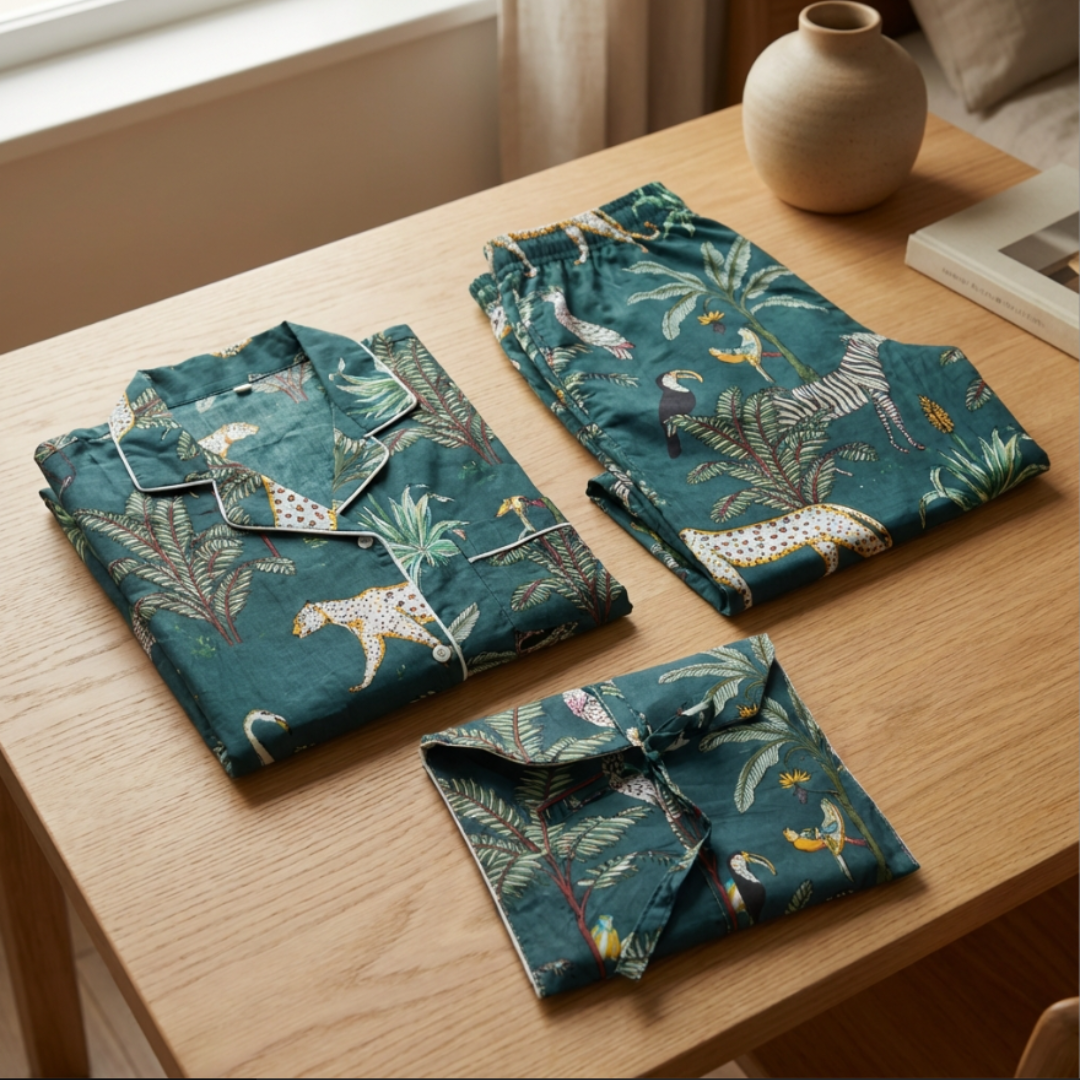 Gulmer by RajPadmini β Emerald Jungle Mulmul Cotton Cord Set with matching Cover| Animal Print Green Nightsuit for Women | Breathable Loungewear with Collar Shirt & Pants