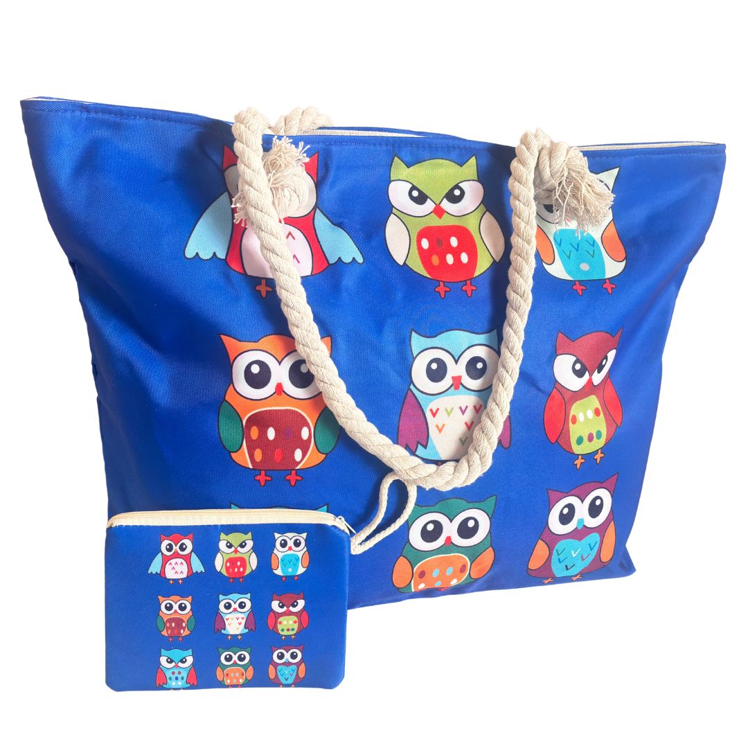 The Beach Party Edition:- Owl Print Beach Tote Bag with complimentary Pouch - The House of RajPadmini