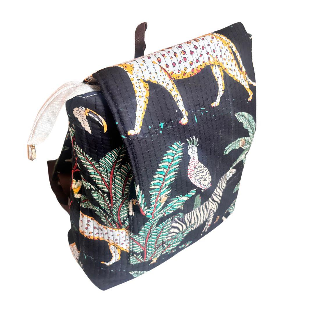 The Jungle Book Edition:- Premium Quilted Cotton Black Backpack with Ethnic Animal Print Design - The House of RajPadmini