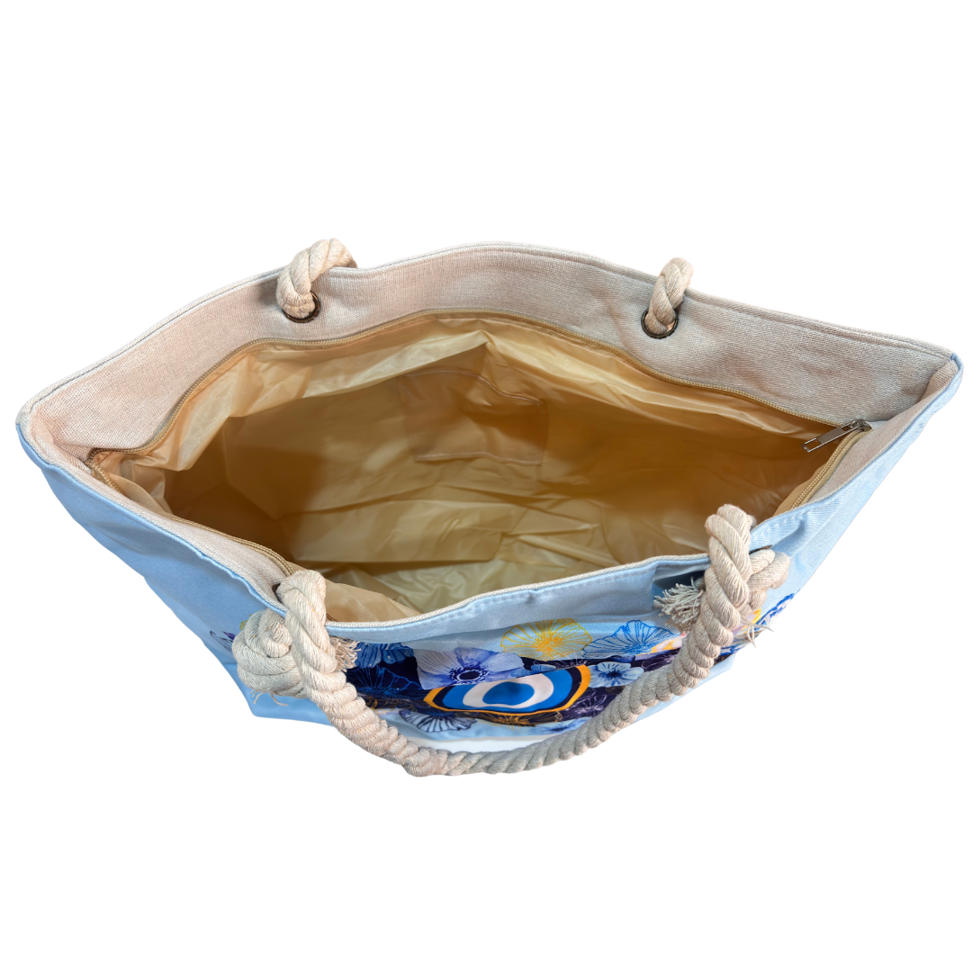 The Beach Party Edition:- Sky Blue Evil Eye Print Beach Tote Bag with complimentary Pouch