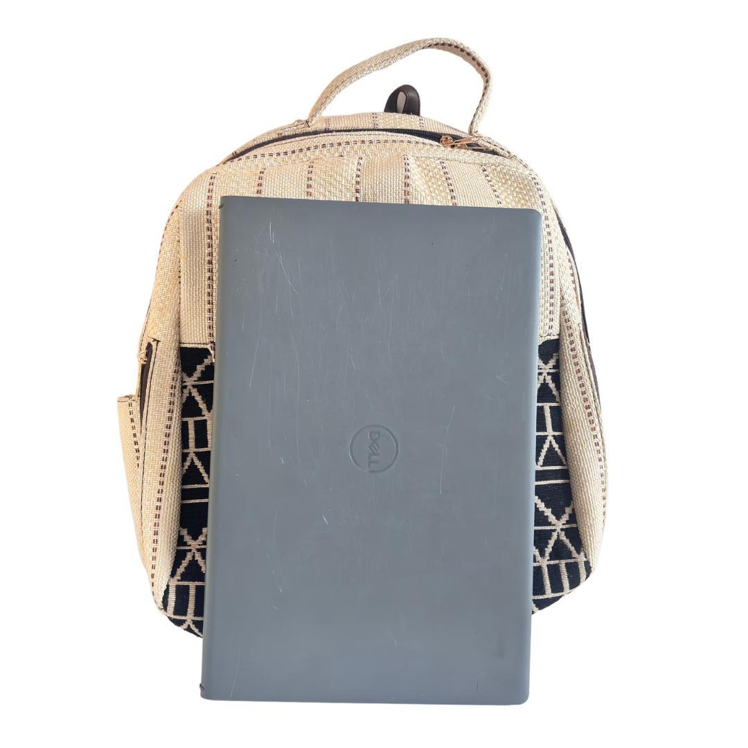 The Aavran Edition:- Premium Geometric Pattern White Jute Laptop Backpack - The House of RajPadmini