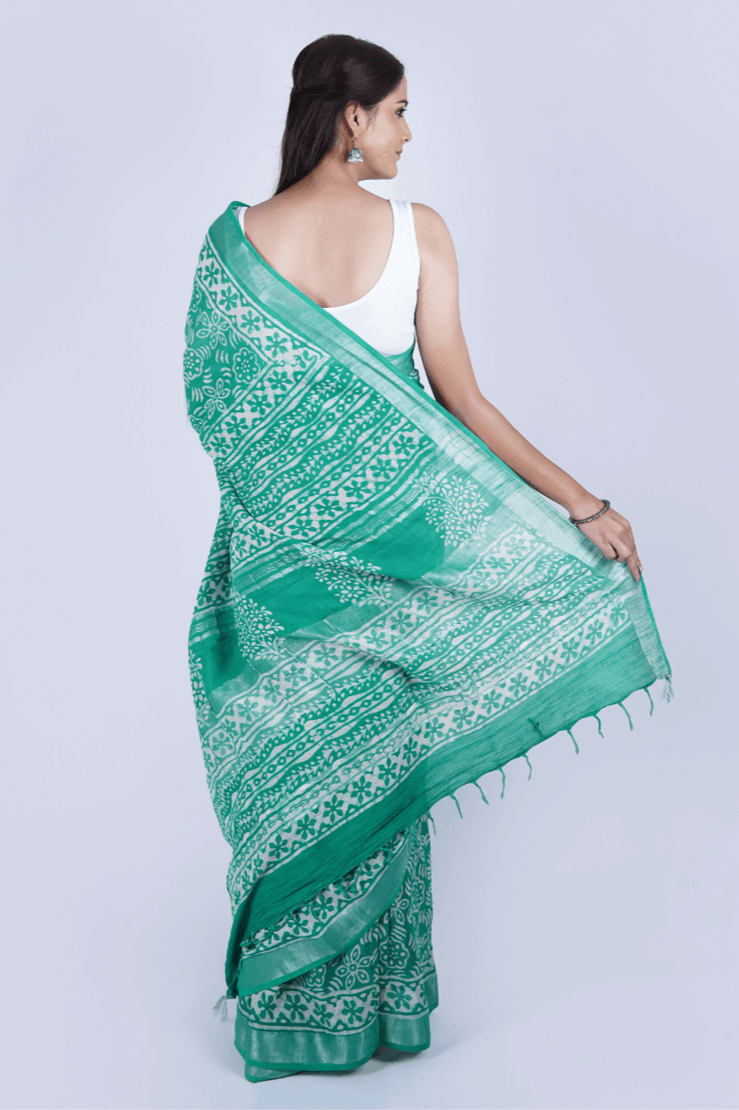 Hand Block Printed Green Cotton Linen Saree - The House of RajPadmini