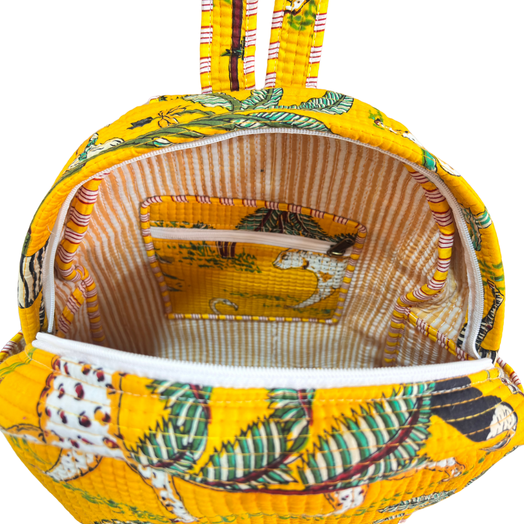 The Jungle Book Edition:- Premium Quilted Yellow Cotton Backpack with Animal Print Design - Stylish Eco-Friendly Bag for School, Travel, and Everyday Adventures