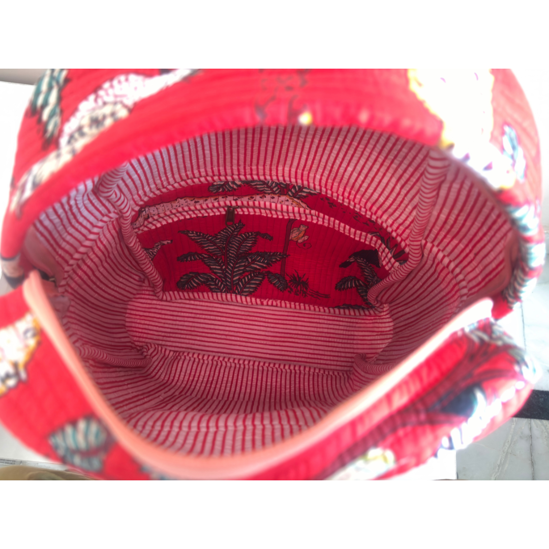 The Jungle Book Edition:- Premium Quilted Red Cotton Backpack with Animal Print Design - Stylish Eco-Friendly Bag for School, Travel, and Everyday Adventures