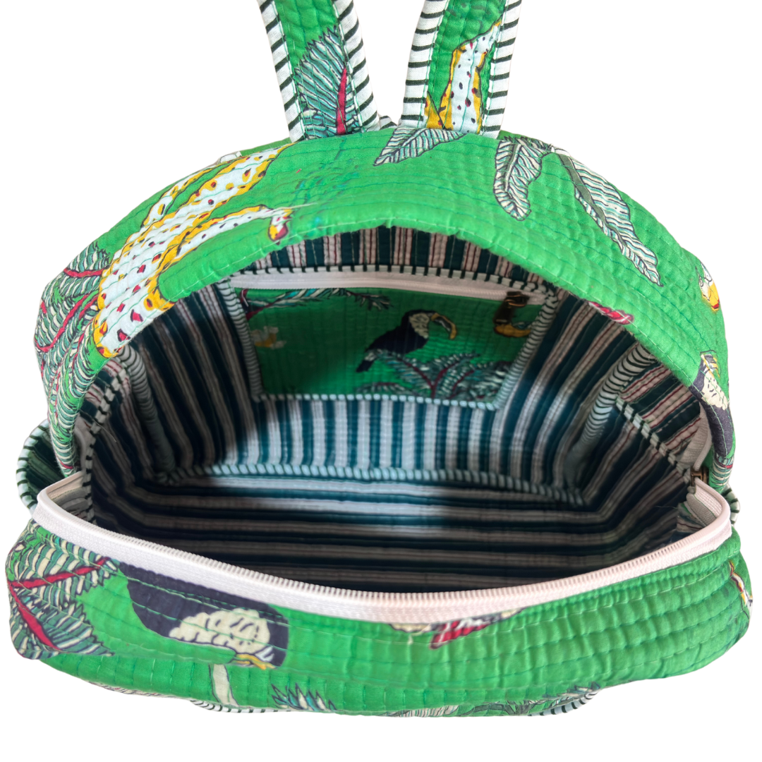 The Jungle Book Edition:- Premium Quilted Green Cotton Backpack with Animal Print Design - Stylish Eco-Friendly Bag for School, Travel, and Everyday Adventures