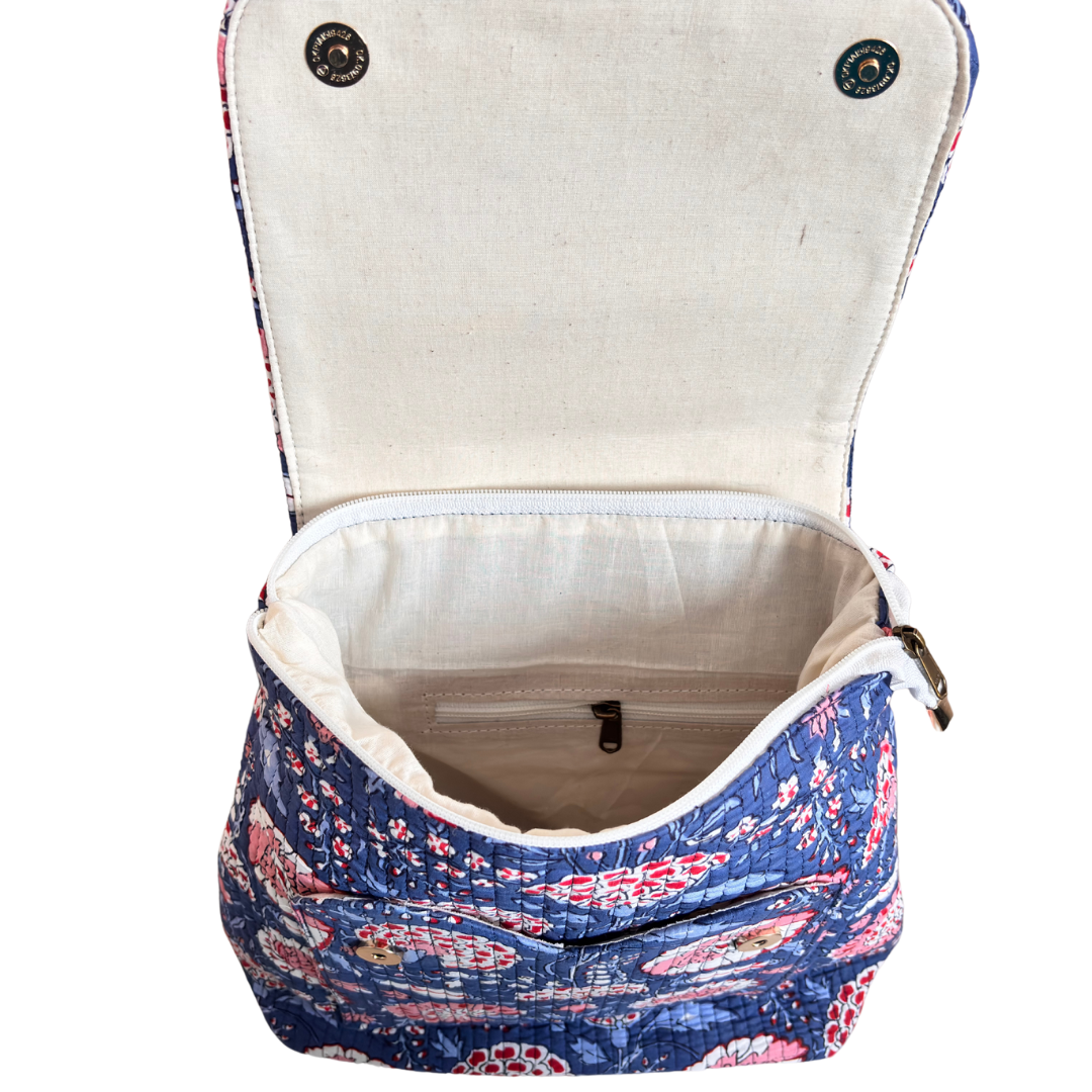 The Jungle Book Edition:- Premium Quilted Cotton Blue Backpack with Floral Print Design