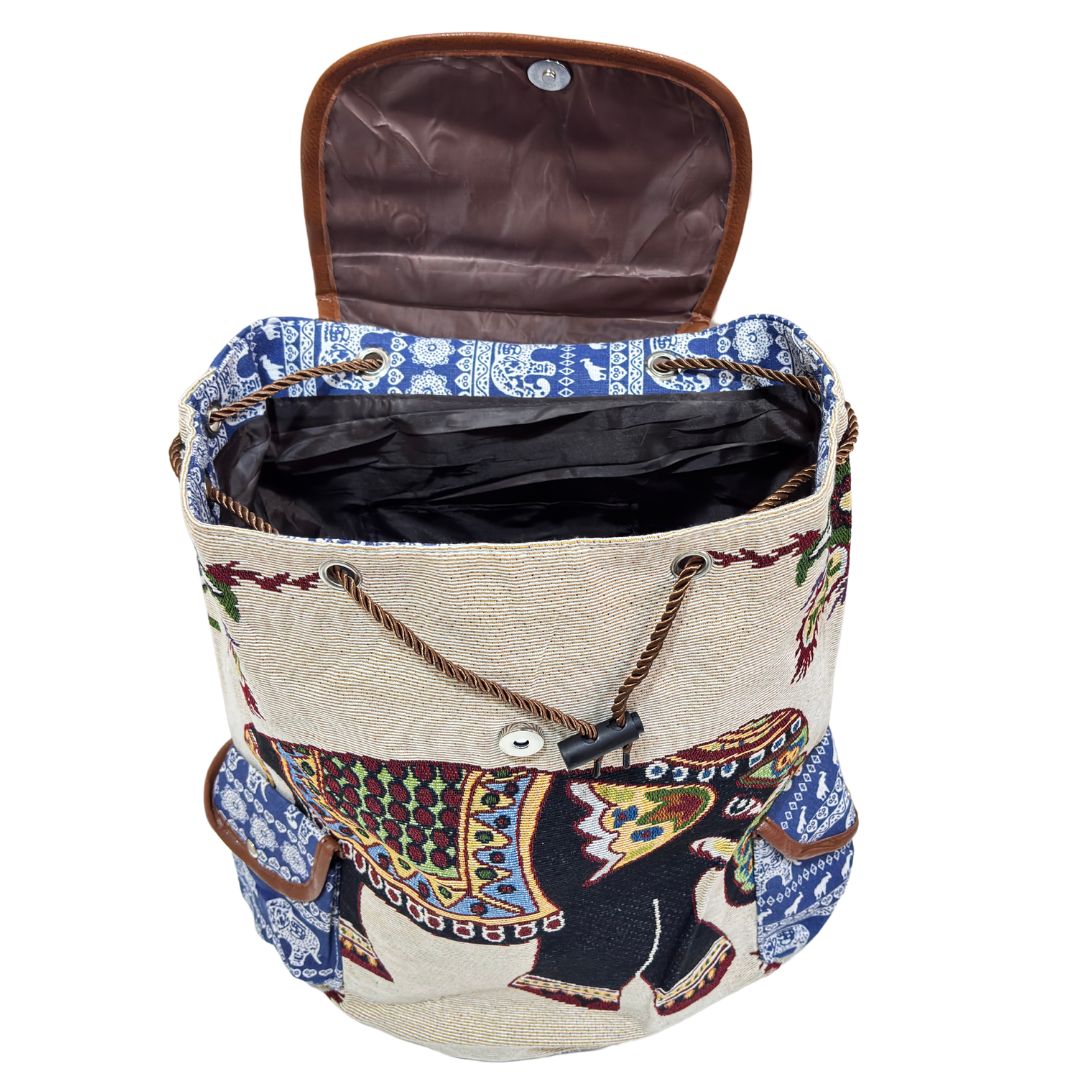Trekking Paradise Edition: Natural Hemp Elephant Print Drawstring Backpack - The House of RajPadmini