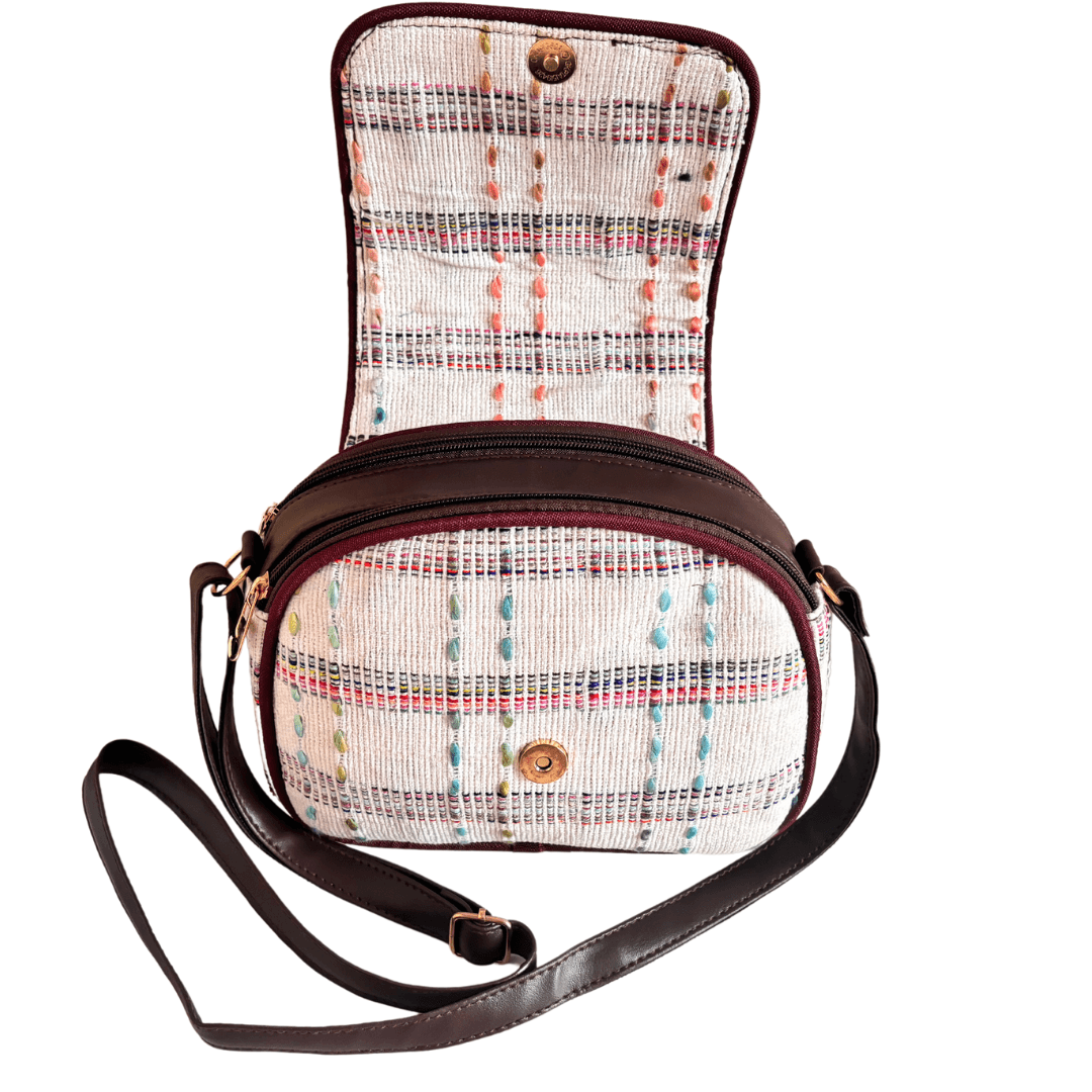 The Saheli Edition:- Women's White Jute Cross Zip Sling Bag - The House of RajPadmini