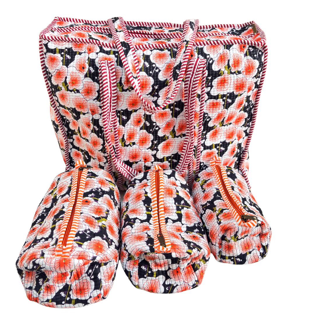 4-in-1 Festive Gifting COMBO : Premium Quilted Tote Bag + 3 Waterproof Pouches = Your Complete Organization Solution!