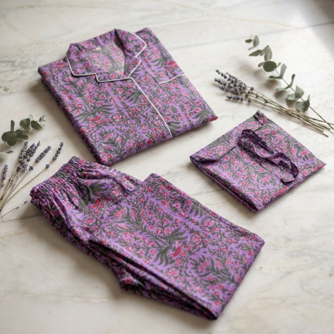 Gulmer by RajPadmini- Purple Vine Mulmul Cotton Cord Set with matching Cover| Floral Purple Nightsuit for Women | Breathable Loungewear with Collar Shirt & Pants