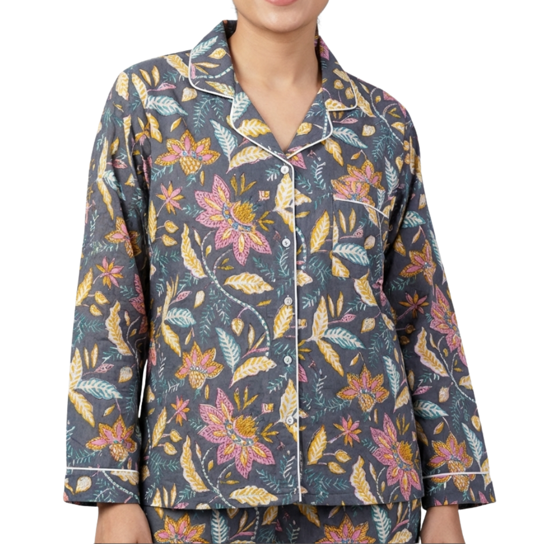 Gulmer by RajPadmini β The Twilight Garden Mulmul Cotton Cord Set with matching Cover| Grey Nightsuit for Women | Breathable Loungewear with Collar Shirt & Pants